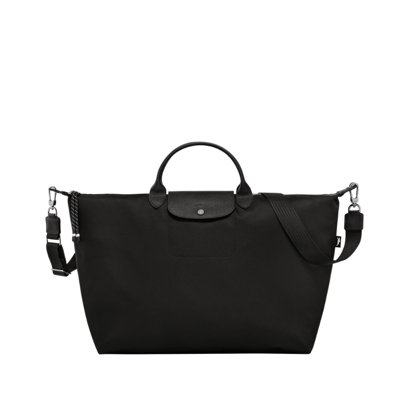 Black travel bag, front view on white background