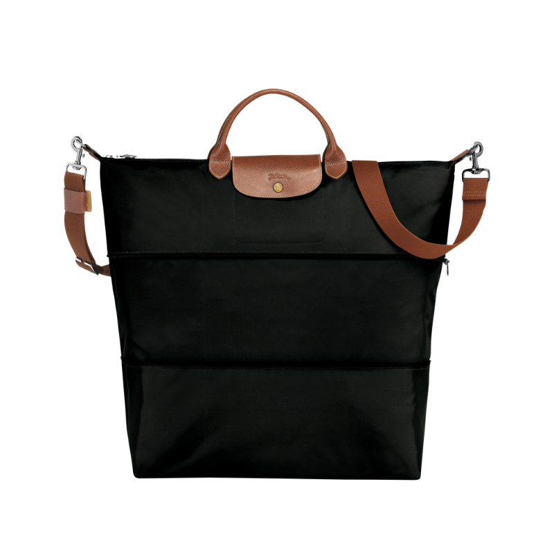 Black expandable travel bag, front view on white background