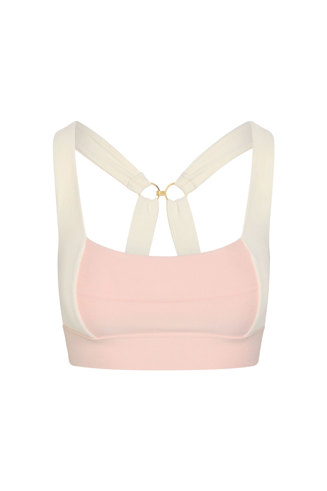 Pink sports bra with beige straps on a white background