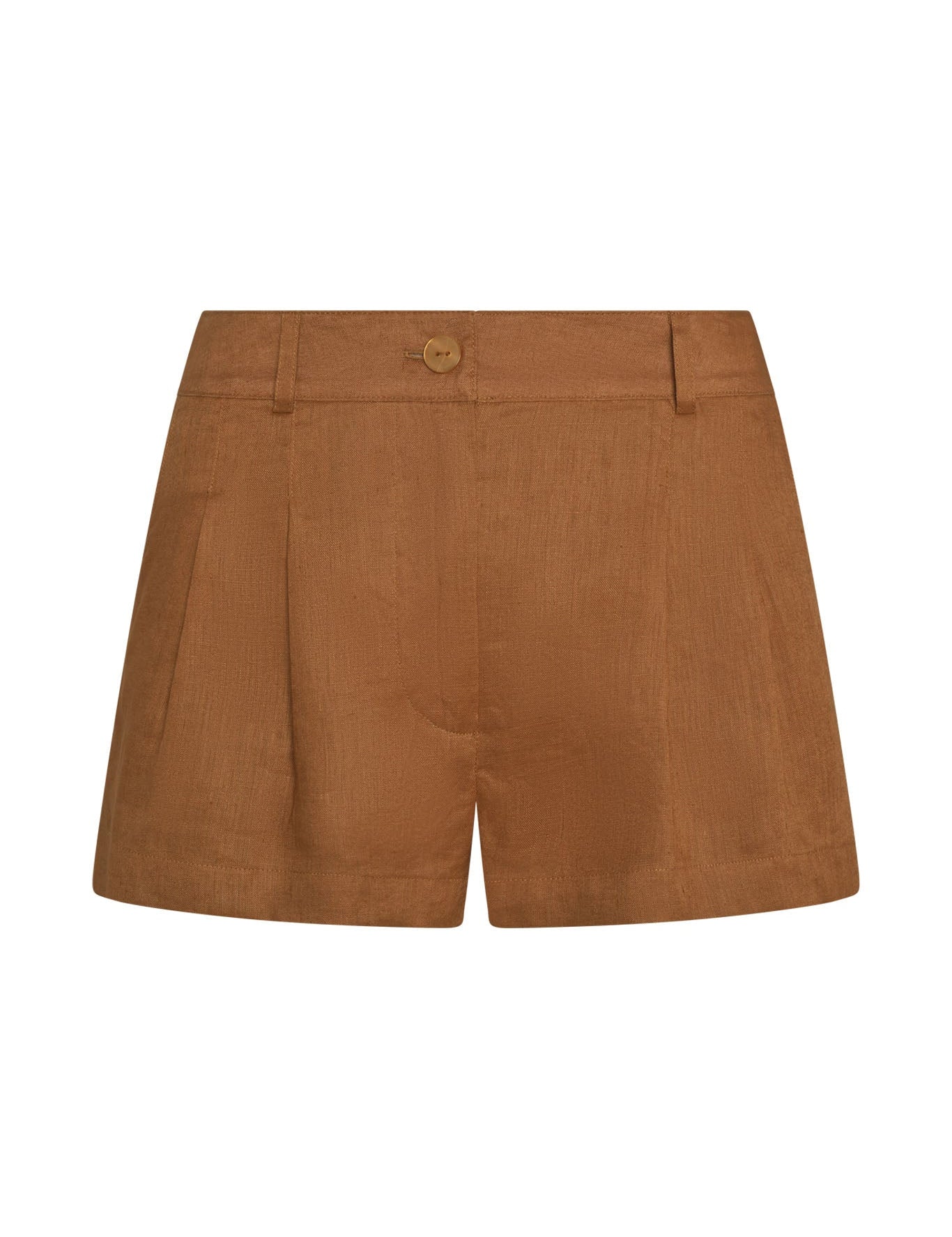 Caramel linen wide-leg shorts with elasticated waist, front view on white background