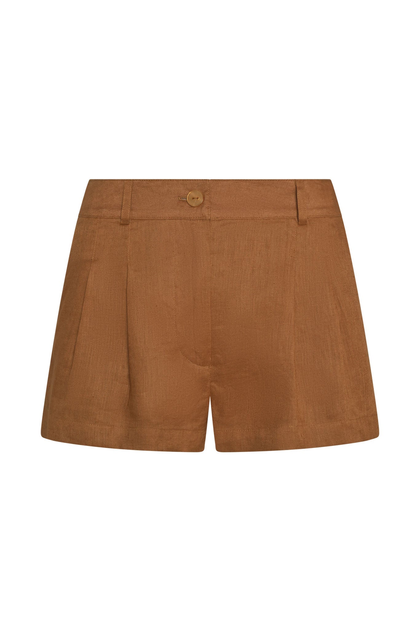 Caramel linen wide-leg shorts with elasticated waist, front view on white background