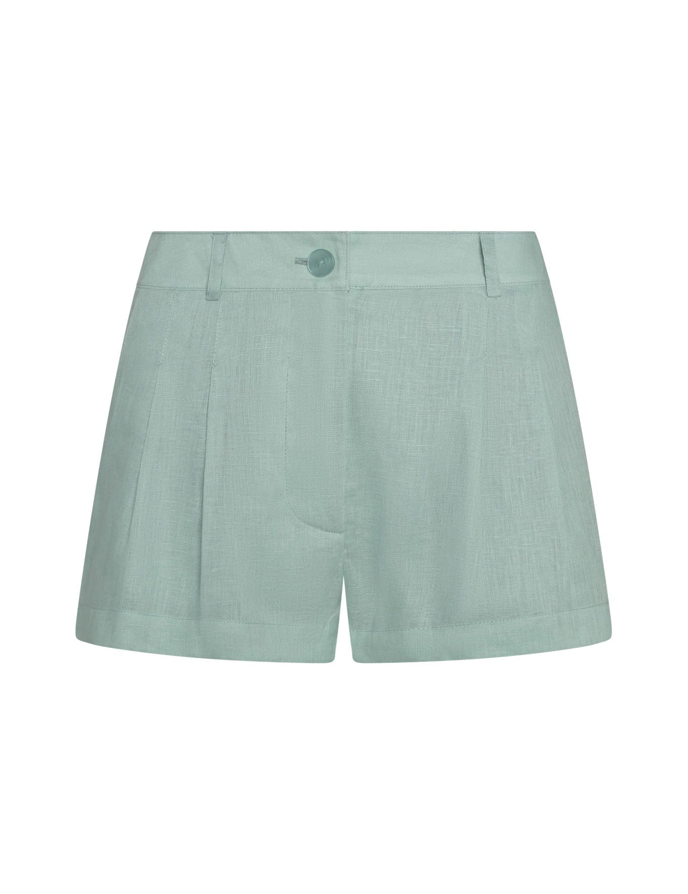 Light slate linen wide-leg shorts with elasticated waist, front view on white background