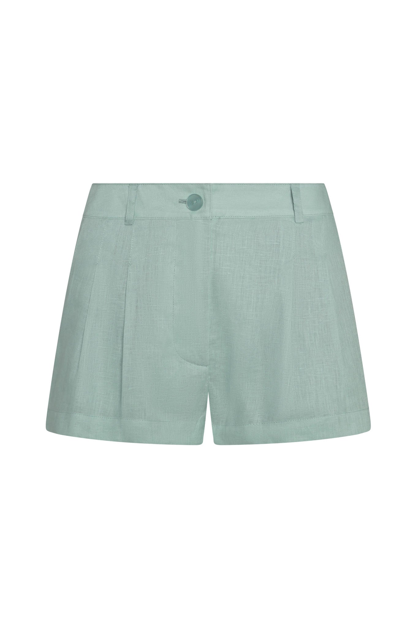 Light slate linen wide-leg shorts with elasticated waist, front view on white background