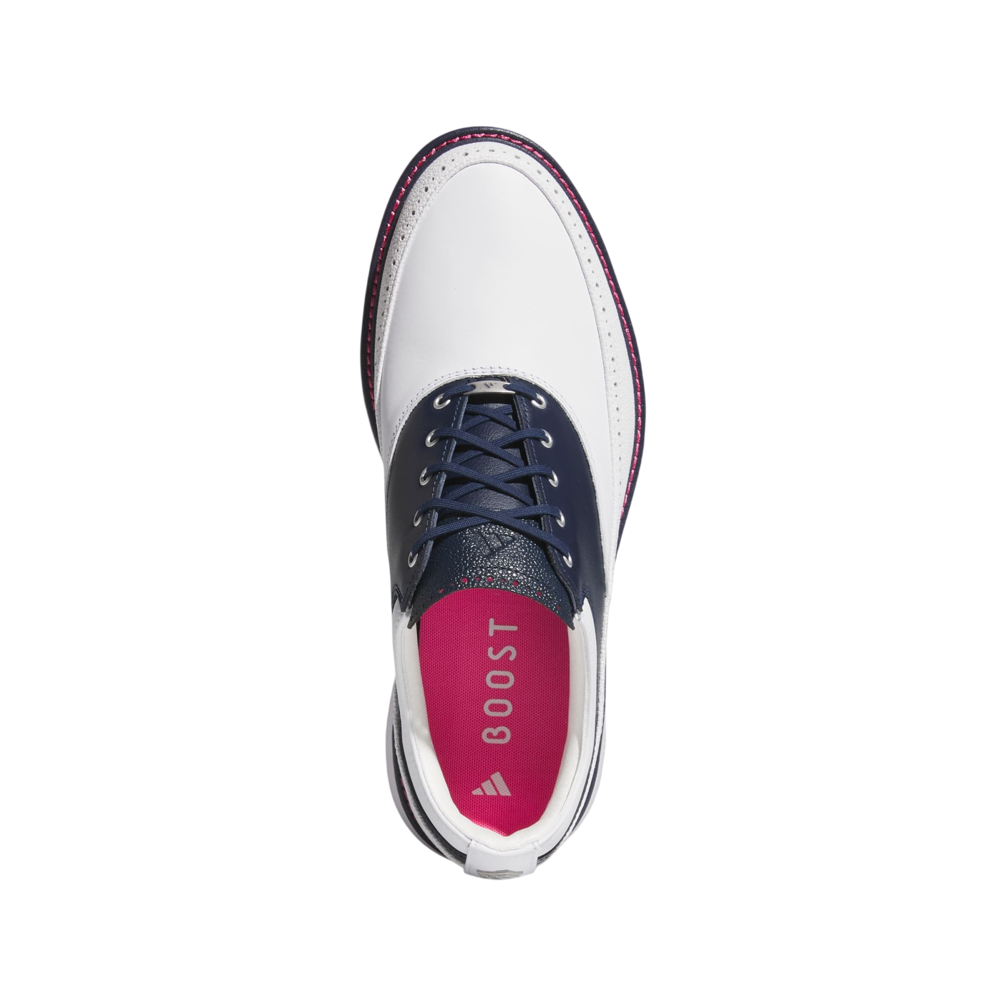 Golf shoe with white sole, navy side panel, and pink boost area on a light gray background