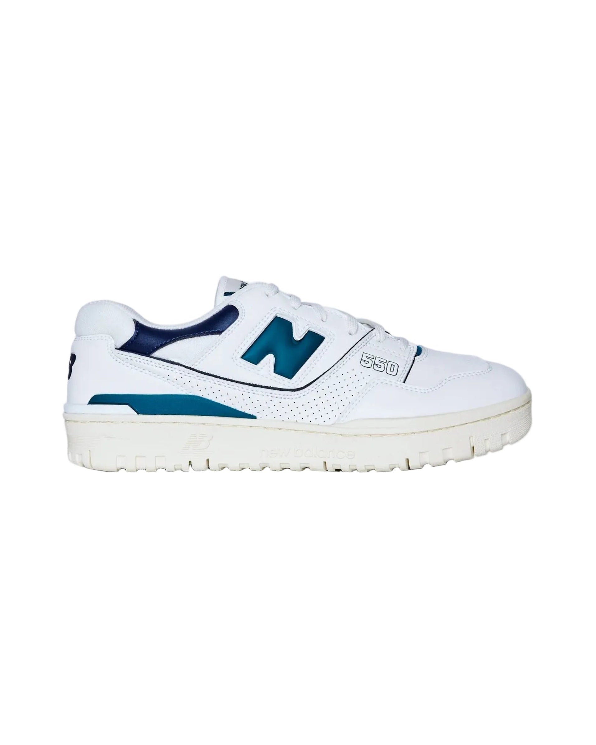 White sneaker with blue accents on a white background