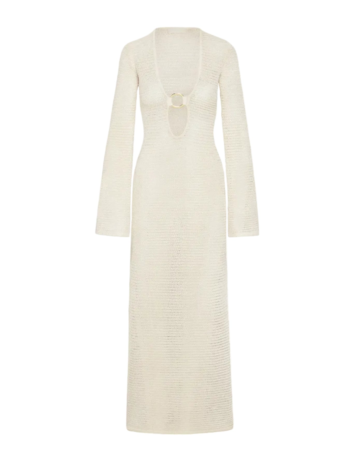 Ivory treble knit midi dress with relaxed fit, front view on white background