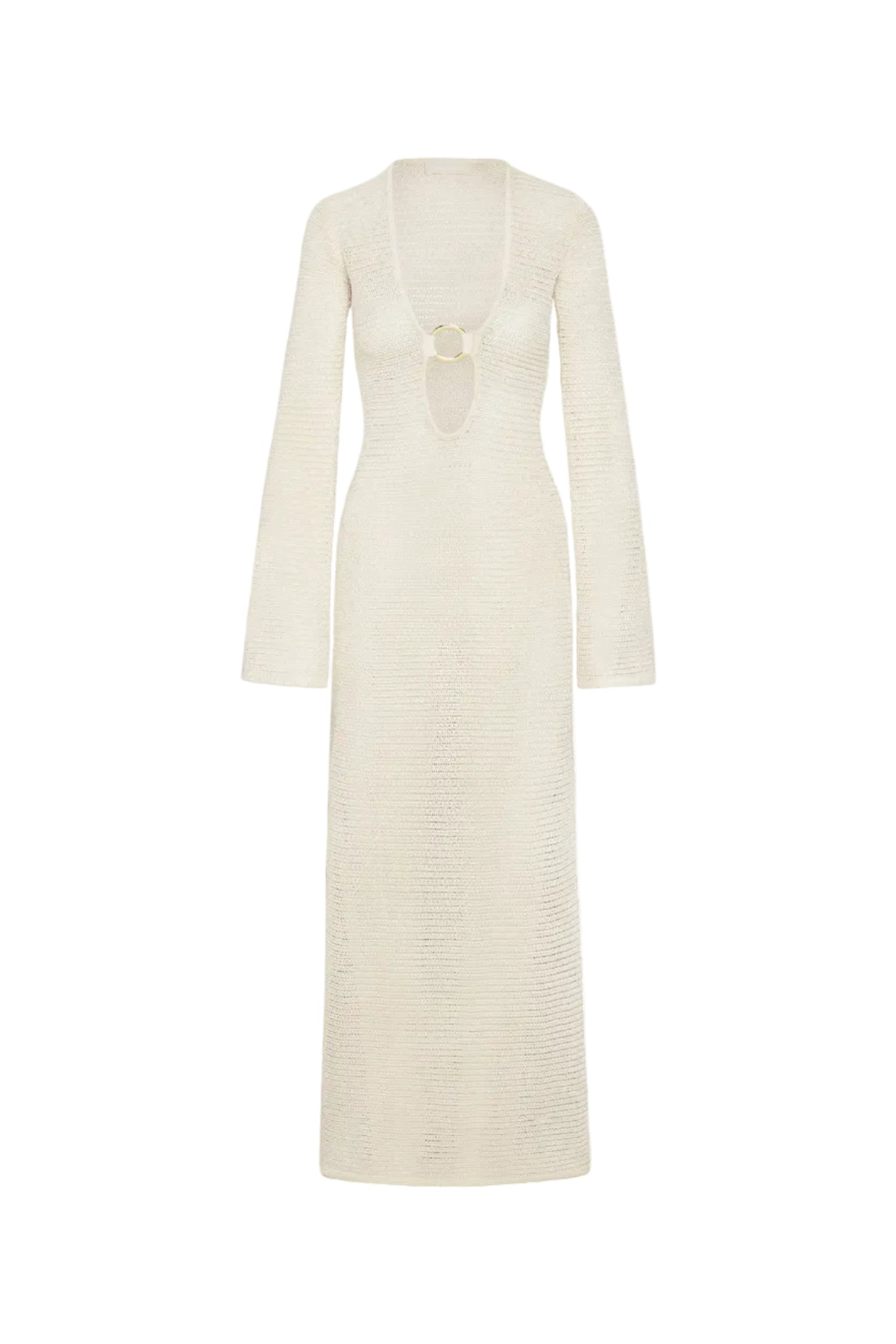 Ivory treble knit midi dress with relaxed fit, front view on white background