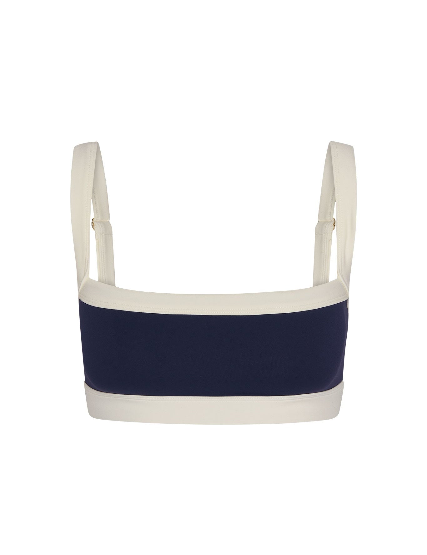 Navy and white bikini top with thin straps on a white background