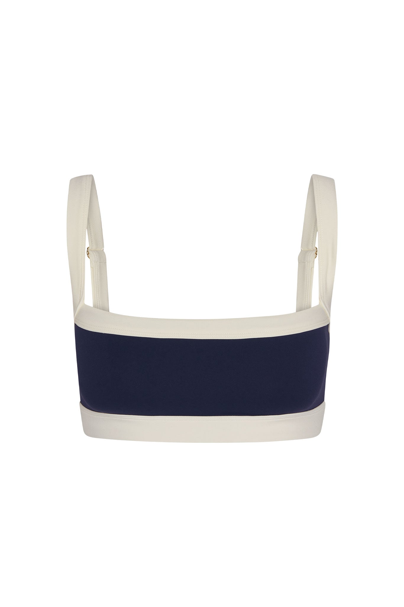 Navy and white bikini top with thin straps on a white background