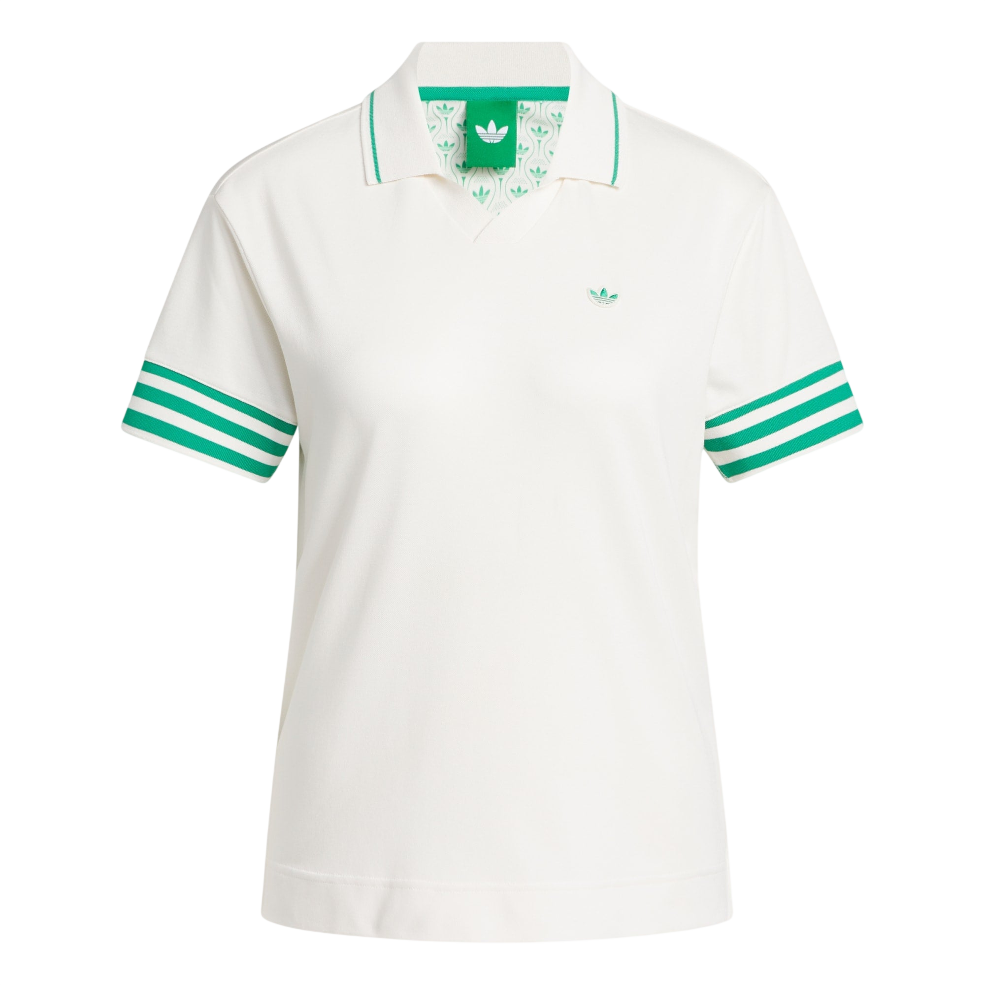 Model wearing adidas Originals 3-Stripe Polo in white