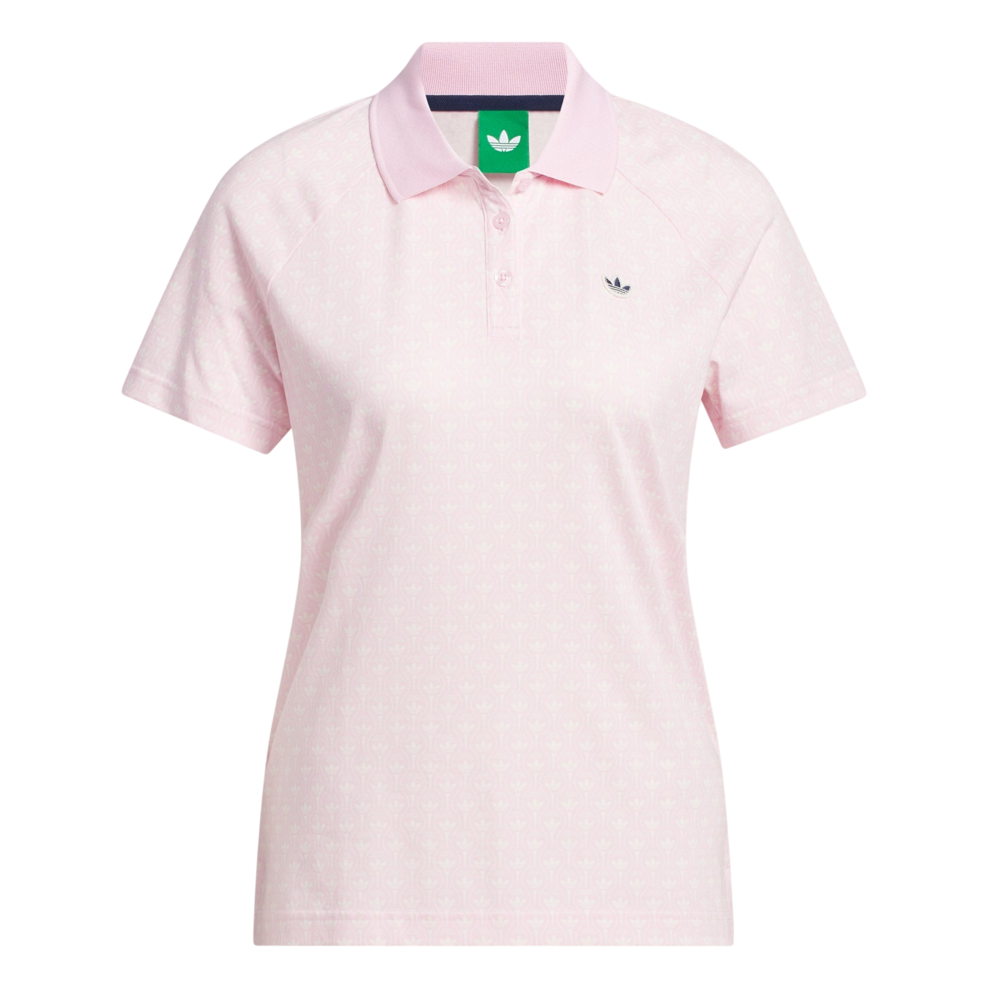 Model wearing adidas Originals All Over Polo in pink