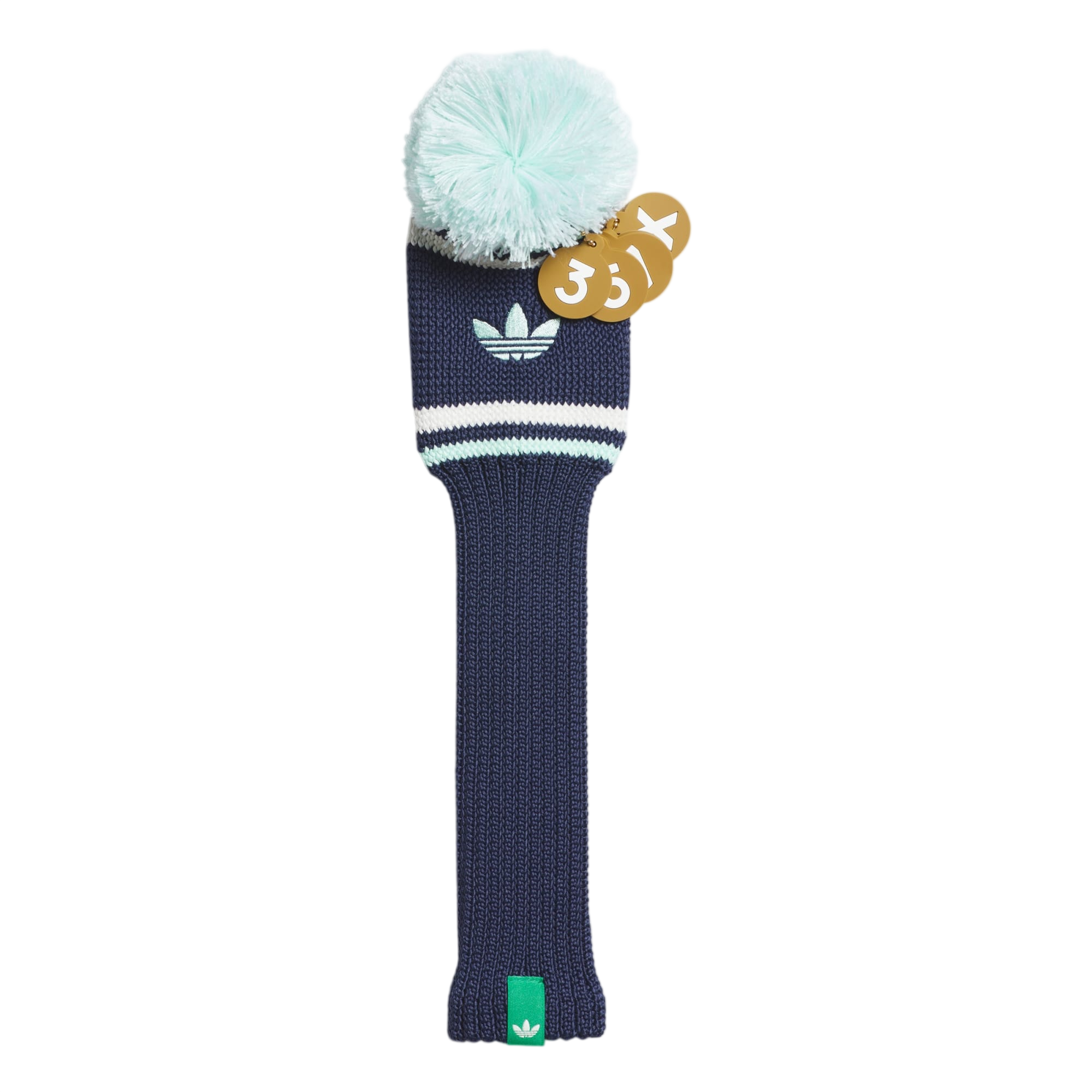 Navy golf club head cover with a light blue pom-pom on a white background