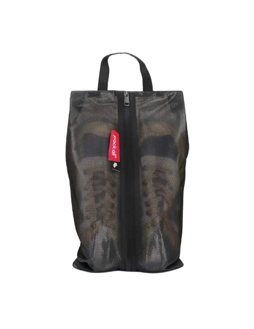 Black mesh laundry bag with a red label on a white background