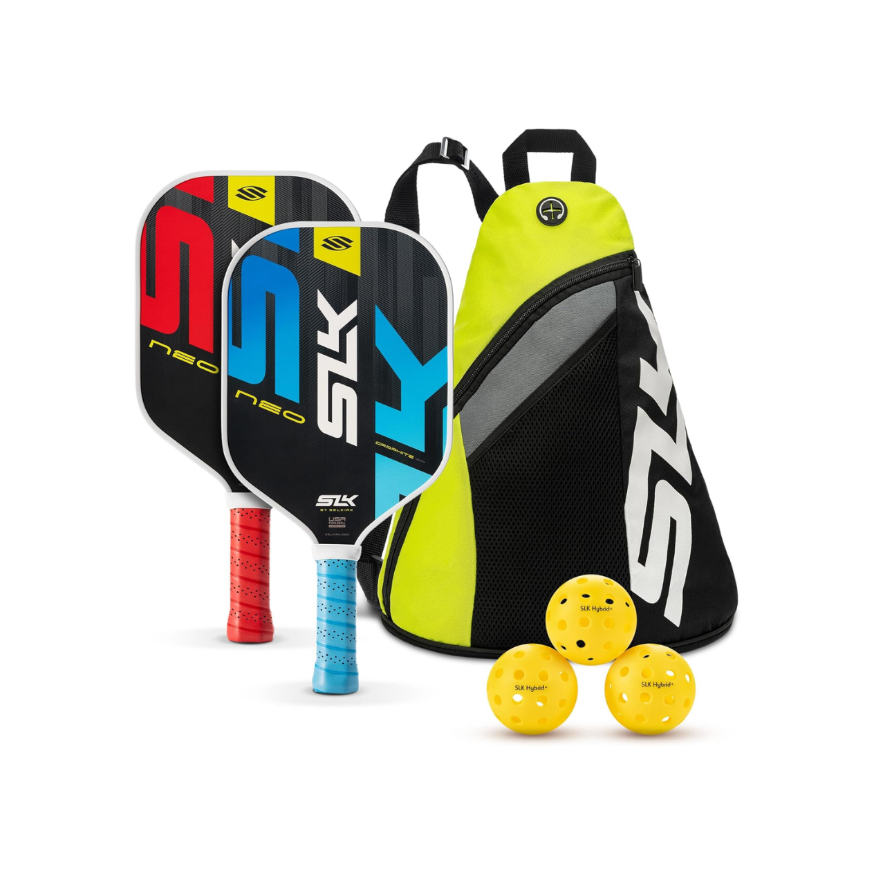 A pickleball set featuring two SKY NEC paddles with red and blue wrapped grips, a black and neon yellow SKY backpack, and three yellow pickleballs on a white background.