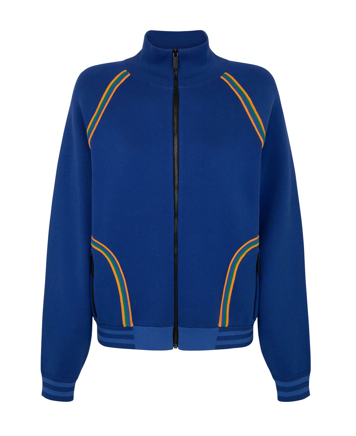 Model wearing Nagnata Motley Track Jacket in lapis