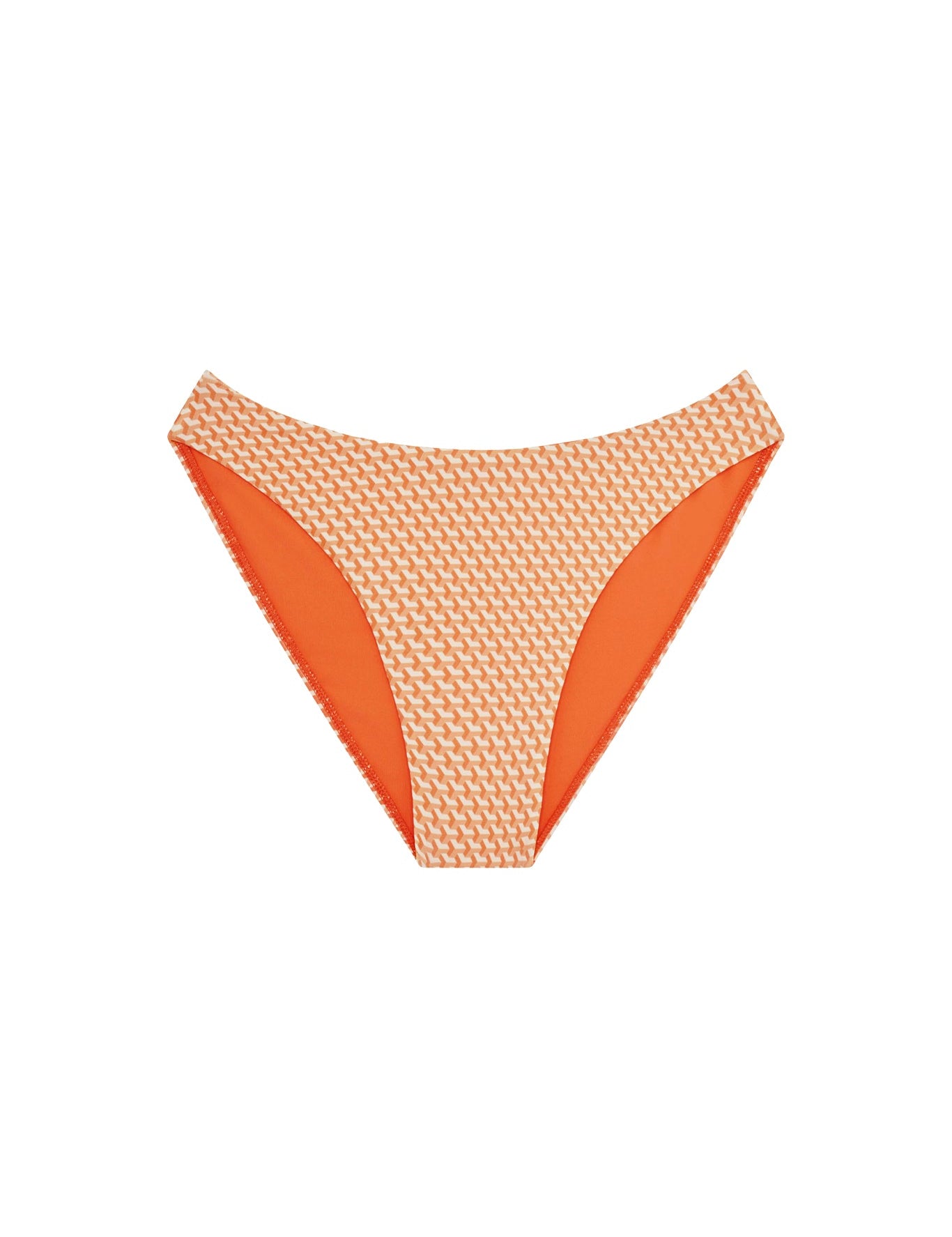 Orange bikini bottom with geometric pattern on a white background