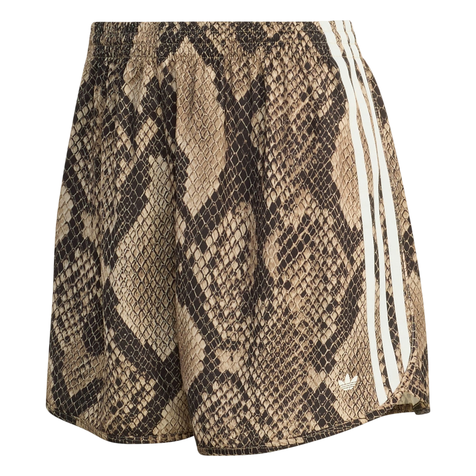 Model wearing adidas Snake Print Shorts in beige
