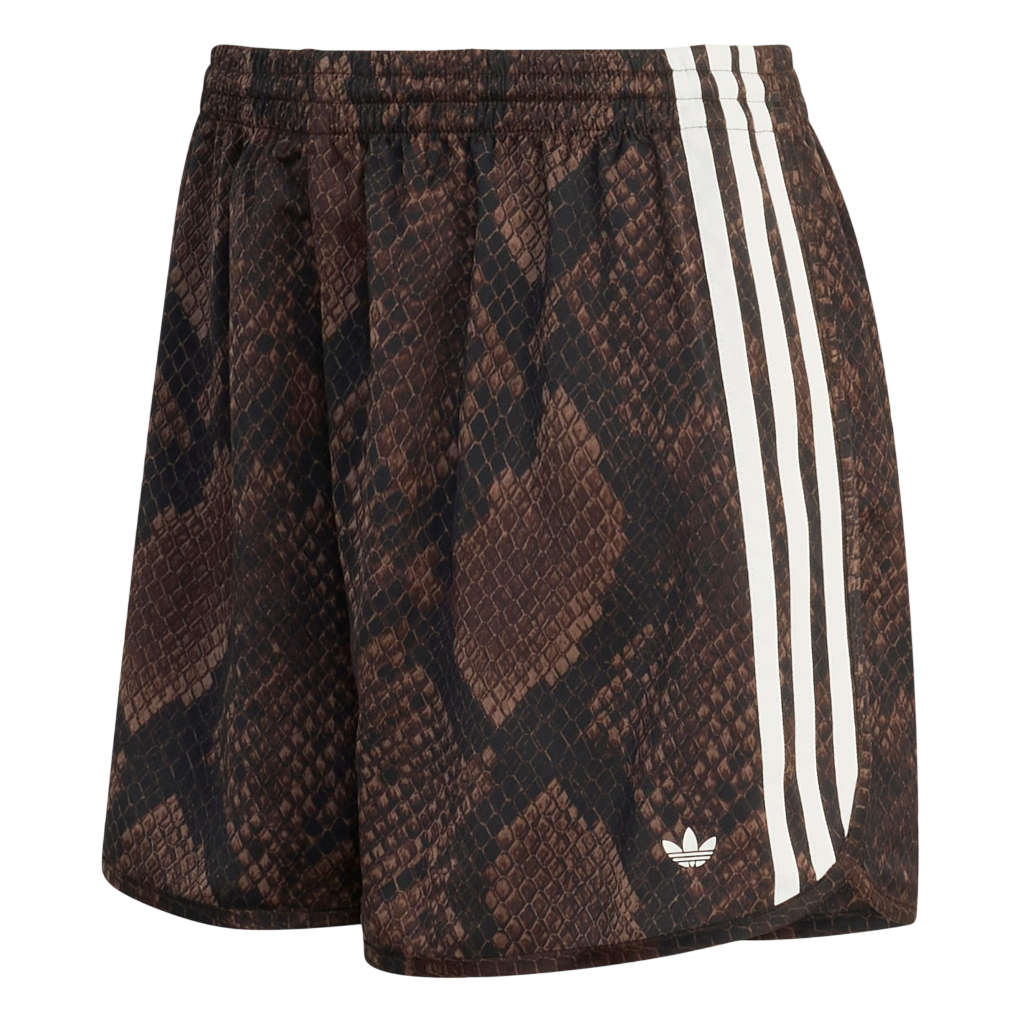 Model wearing adidas Snake Print Shorts in brown