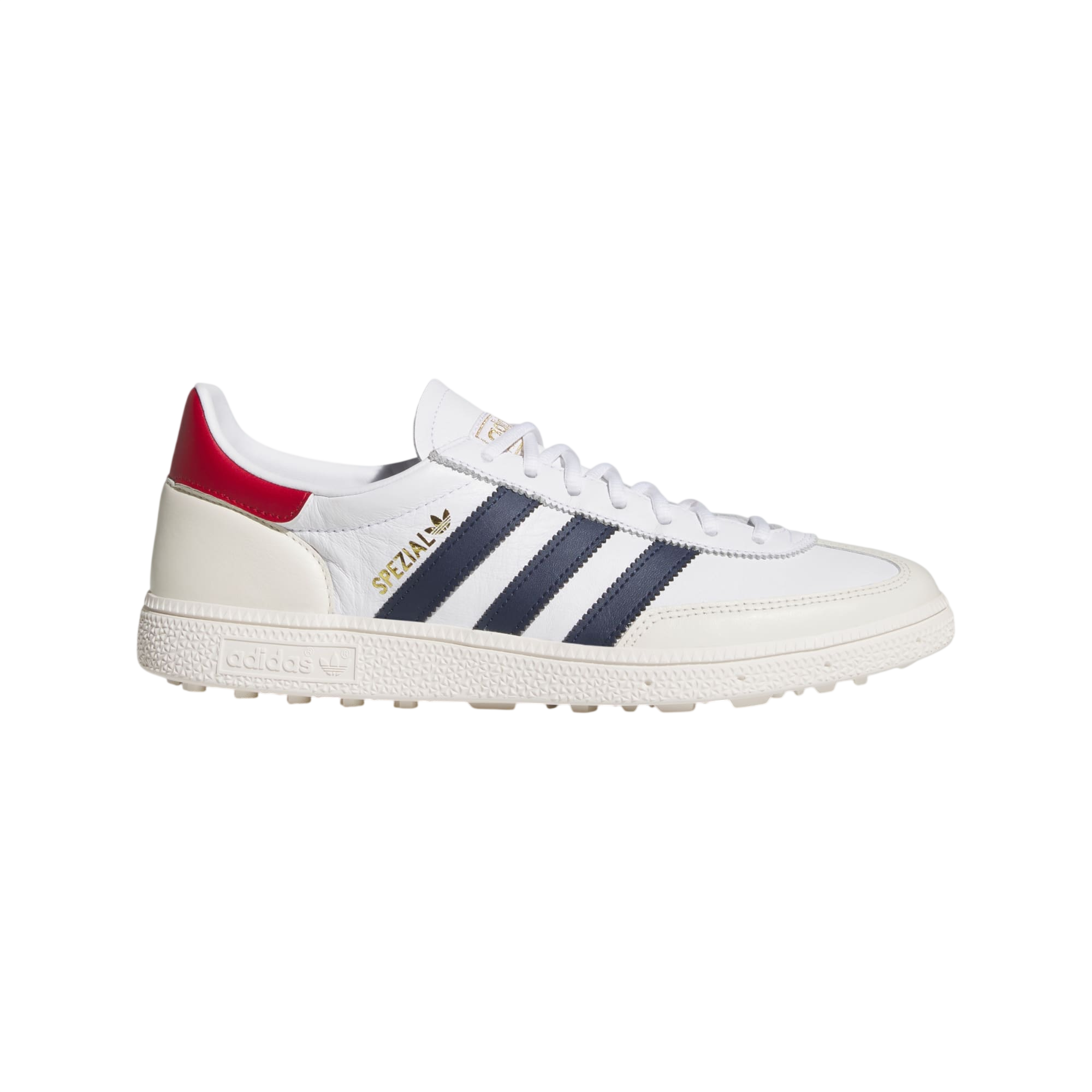 adidas Spezial Spikeless Golf Shoes in white on a plain background.