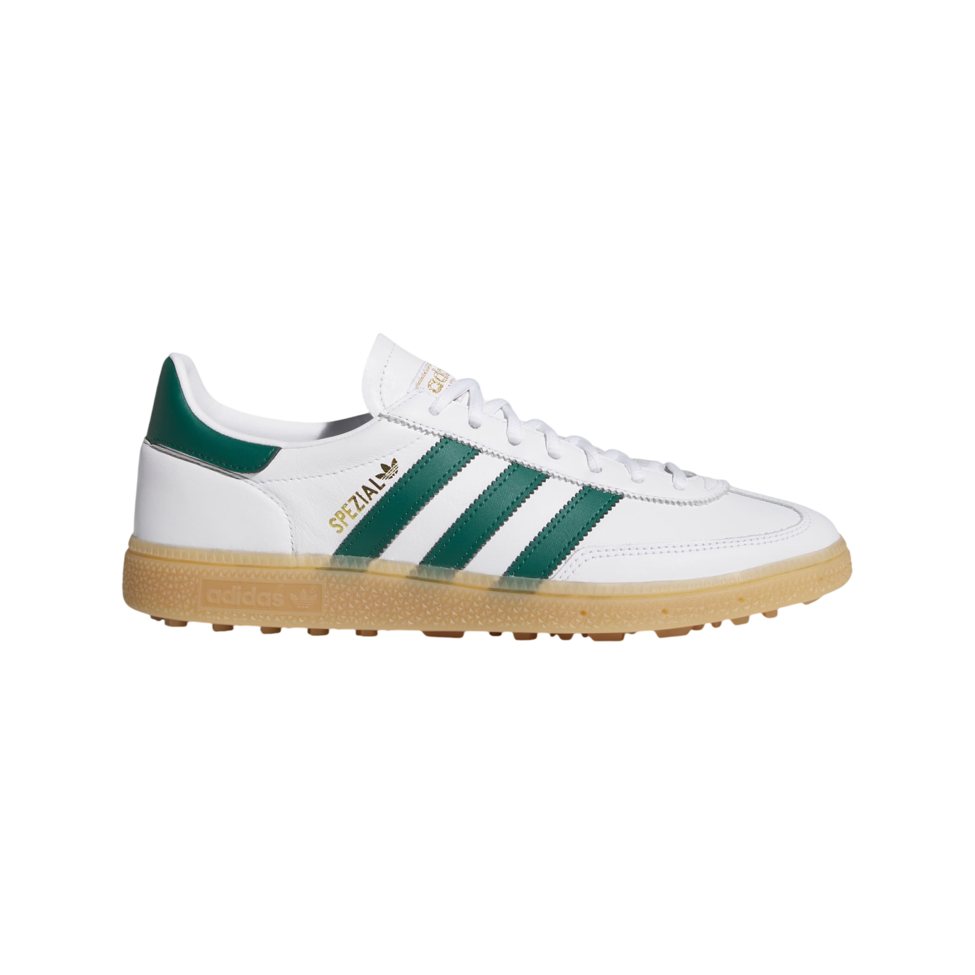 adidas Spezial Spikeless Golf Shoes in white on a plain background.