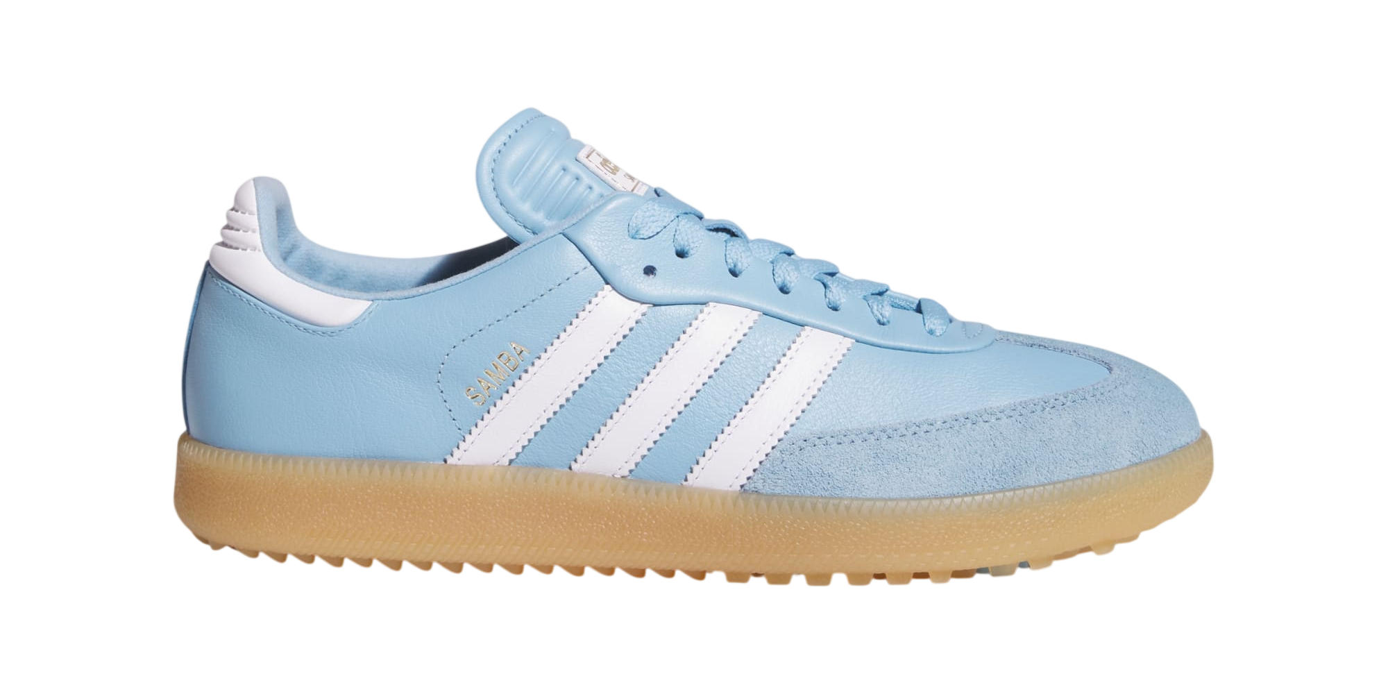 adidas Samba Spikeless Golf Shoes in blue on a plain background.