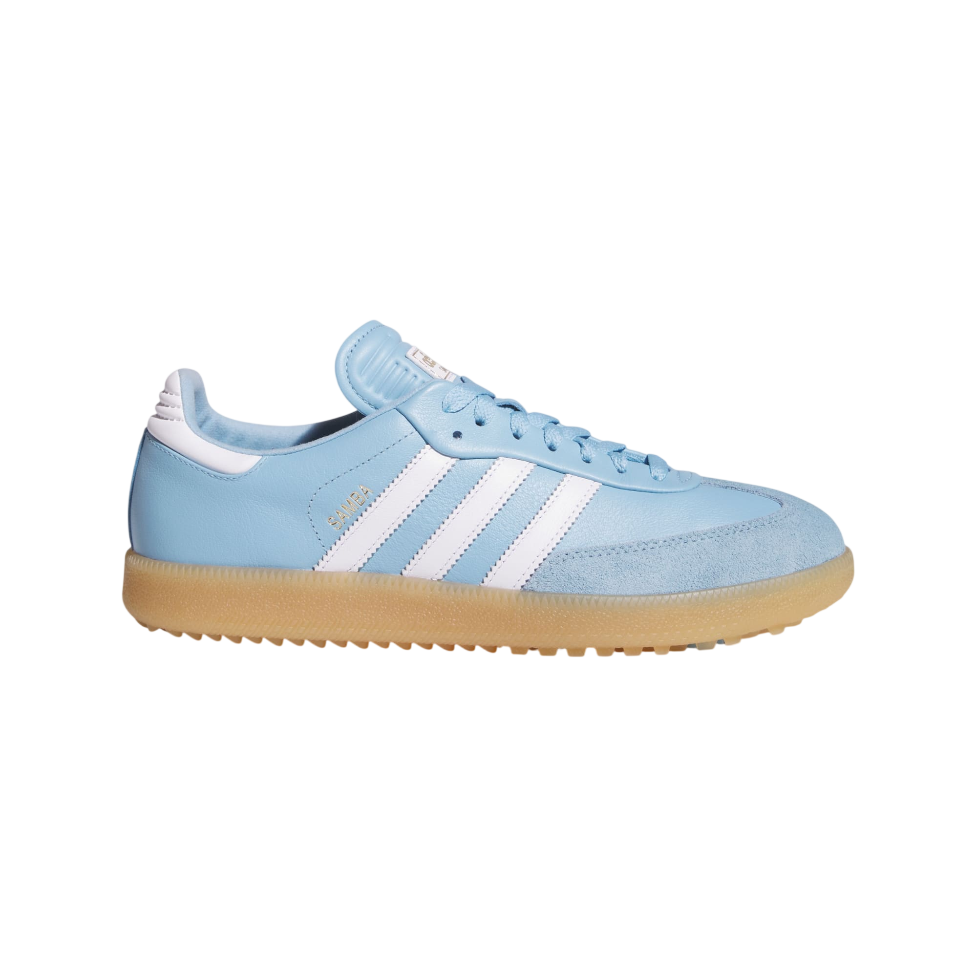 adidas Samba Spikeless Golf Shoes in blue on a plain background.