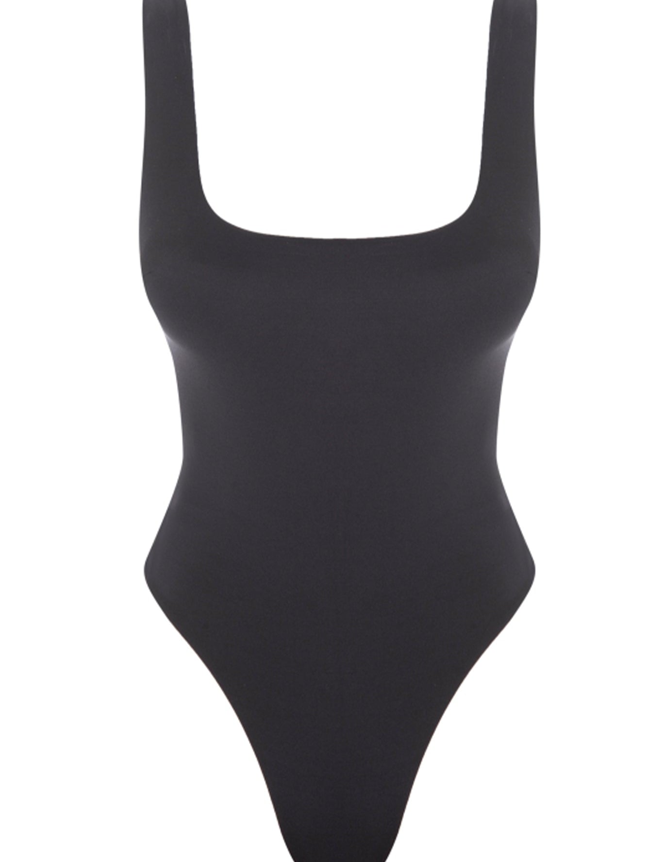 Black swimsuit with a square neckline on a white background