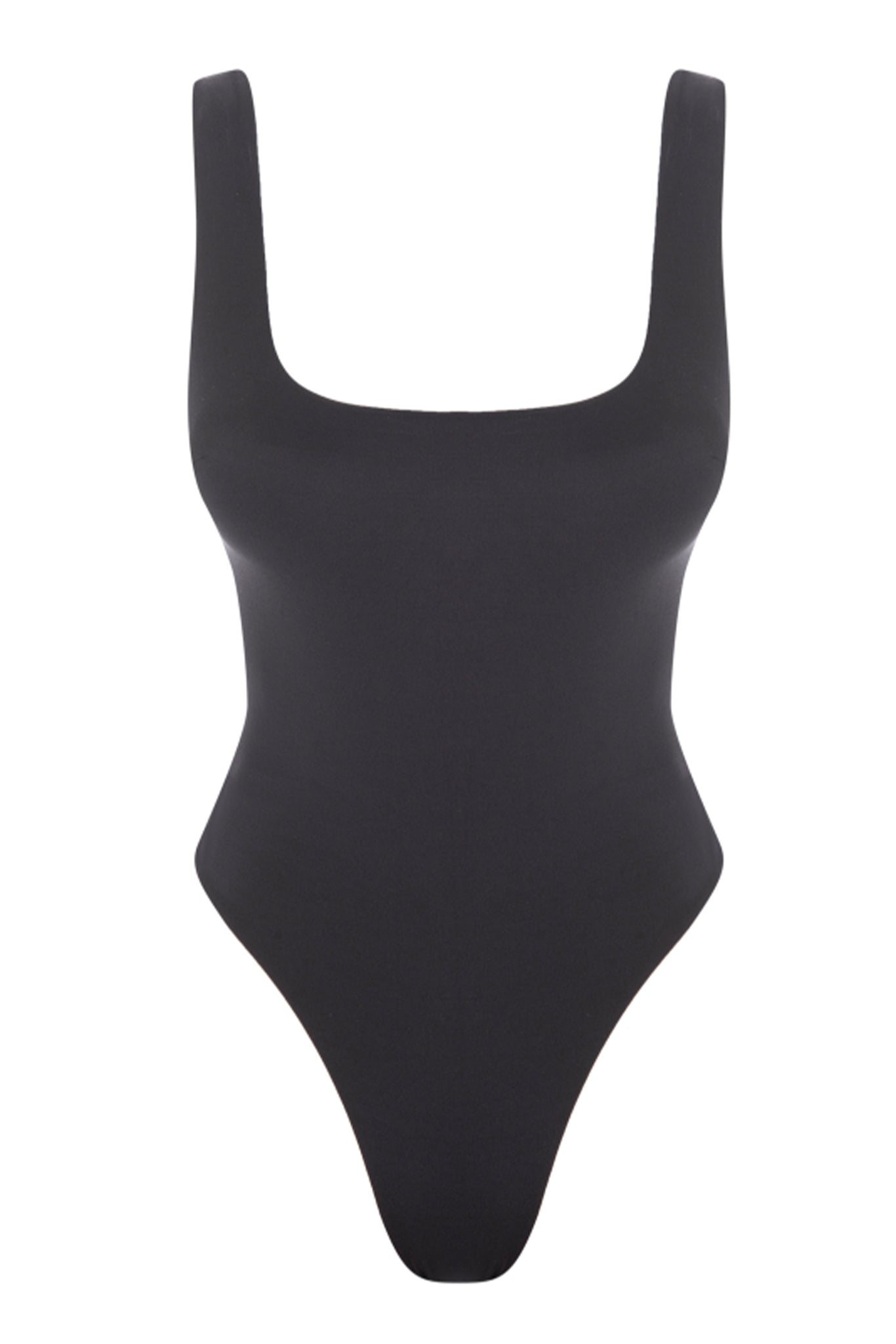 Black swimsuit with a square neckline on a white background