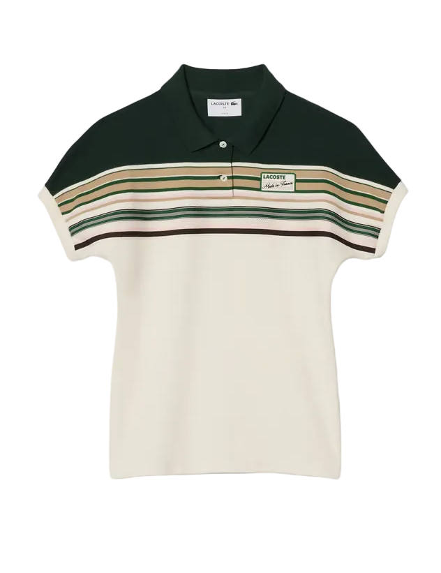 Striped polo shirt with green and beige colors on a white background