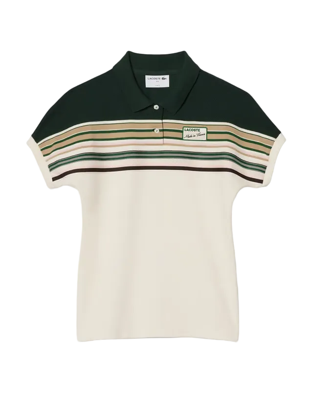 Striped polo shirt with green and beige colors on a white background