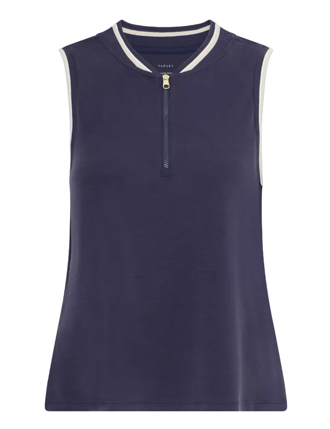 Navy sleeveless shirt with white trim on a light gray background