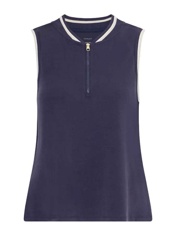 Navy sleeveless shirt with white trim on a light gray background