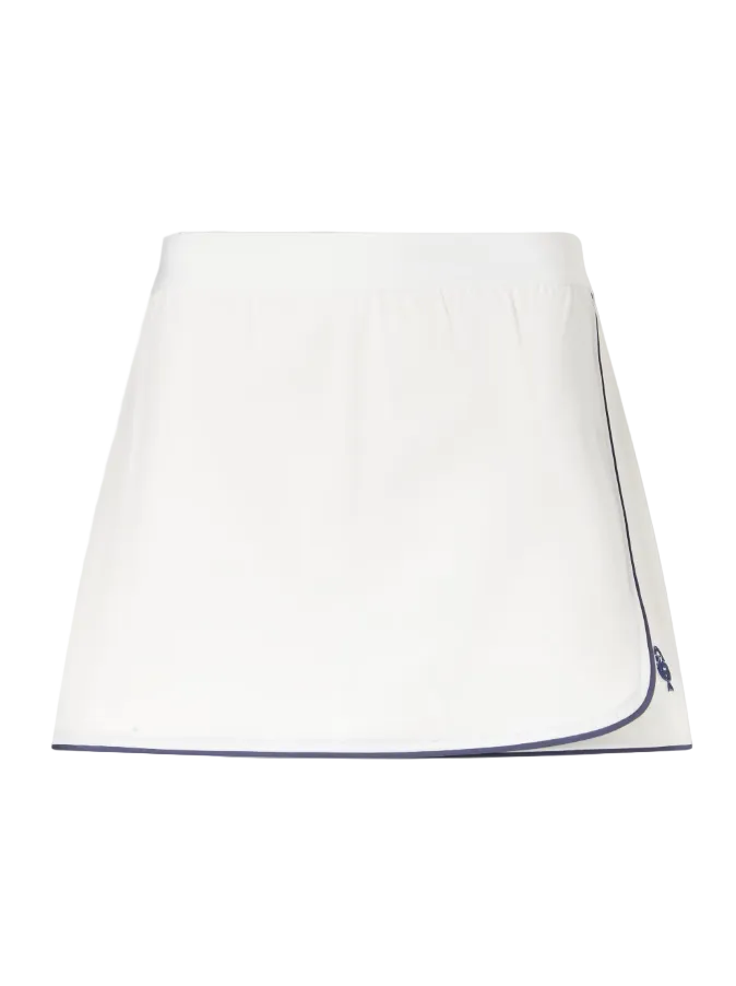 White skirt with blue trim on a light gray background