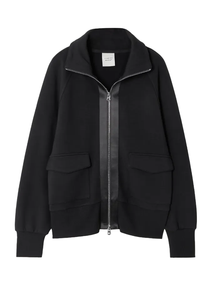 Black jacket with a zipper on a light gray background