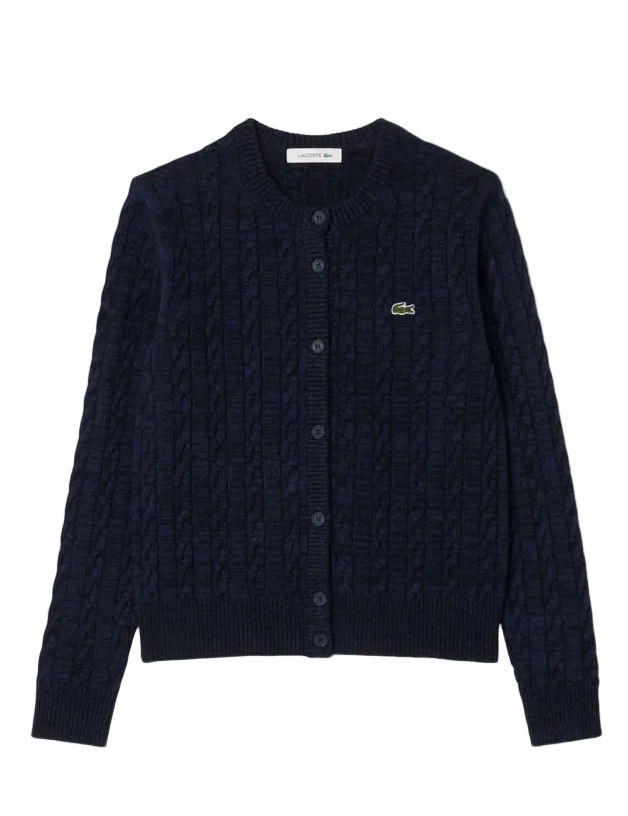 Navy blue cardigan with brand logo on a light gray background