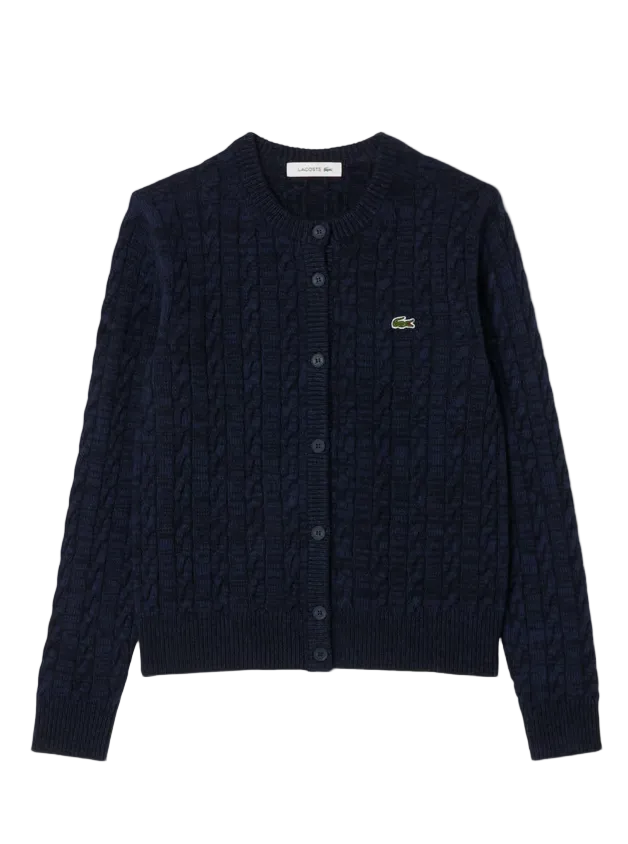 Navy blue cardigan with brand logo on a light gray background