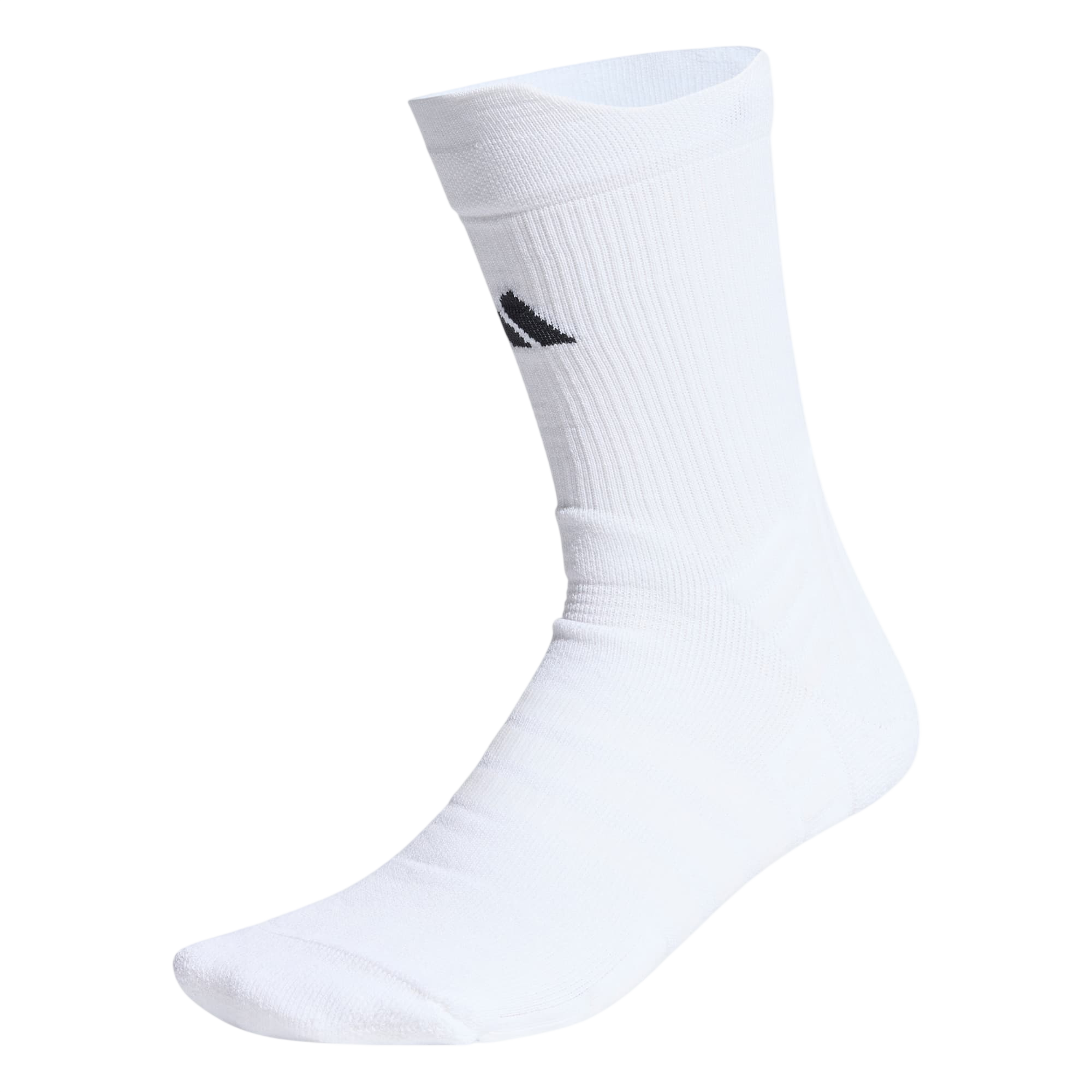 White sock with a black logo on a light gray background