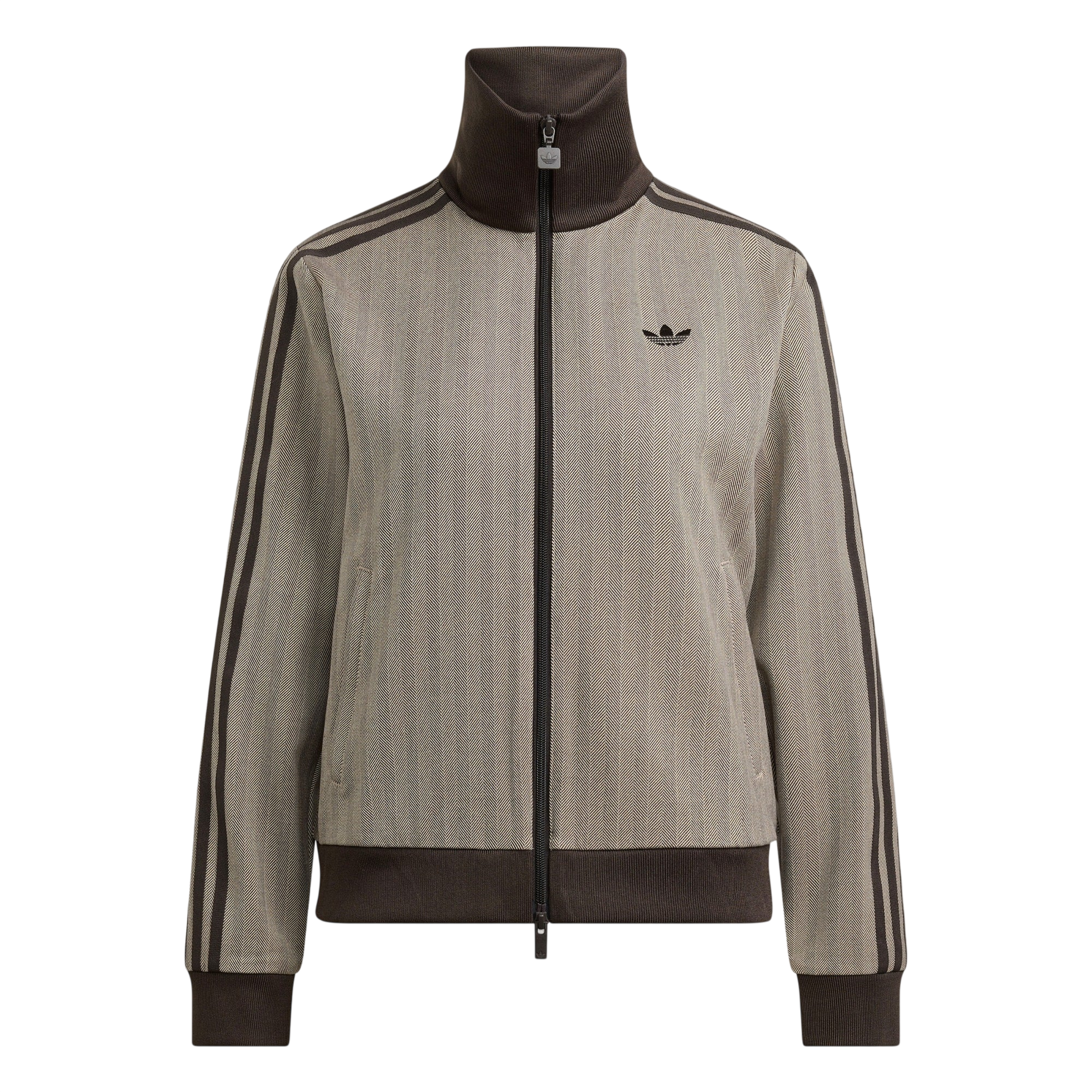 Model wearing adidas Tracktop OG Tweed in brown