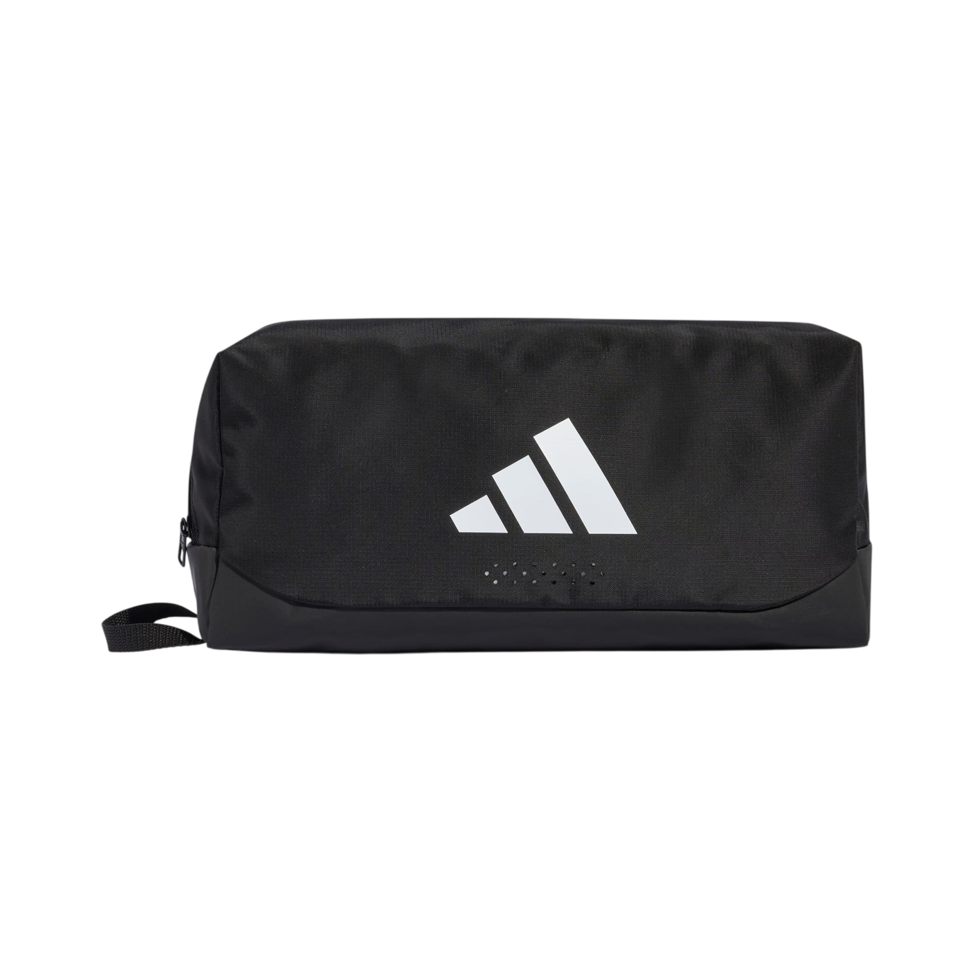 Black Adidas pouch with white logo on a light gray background
