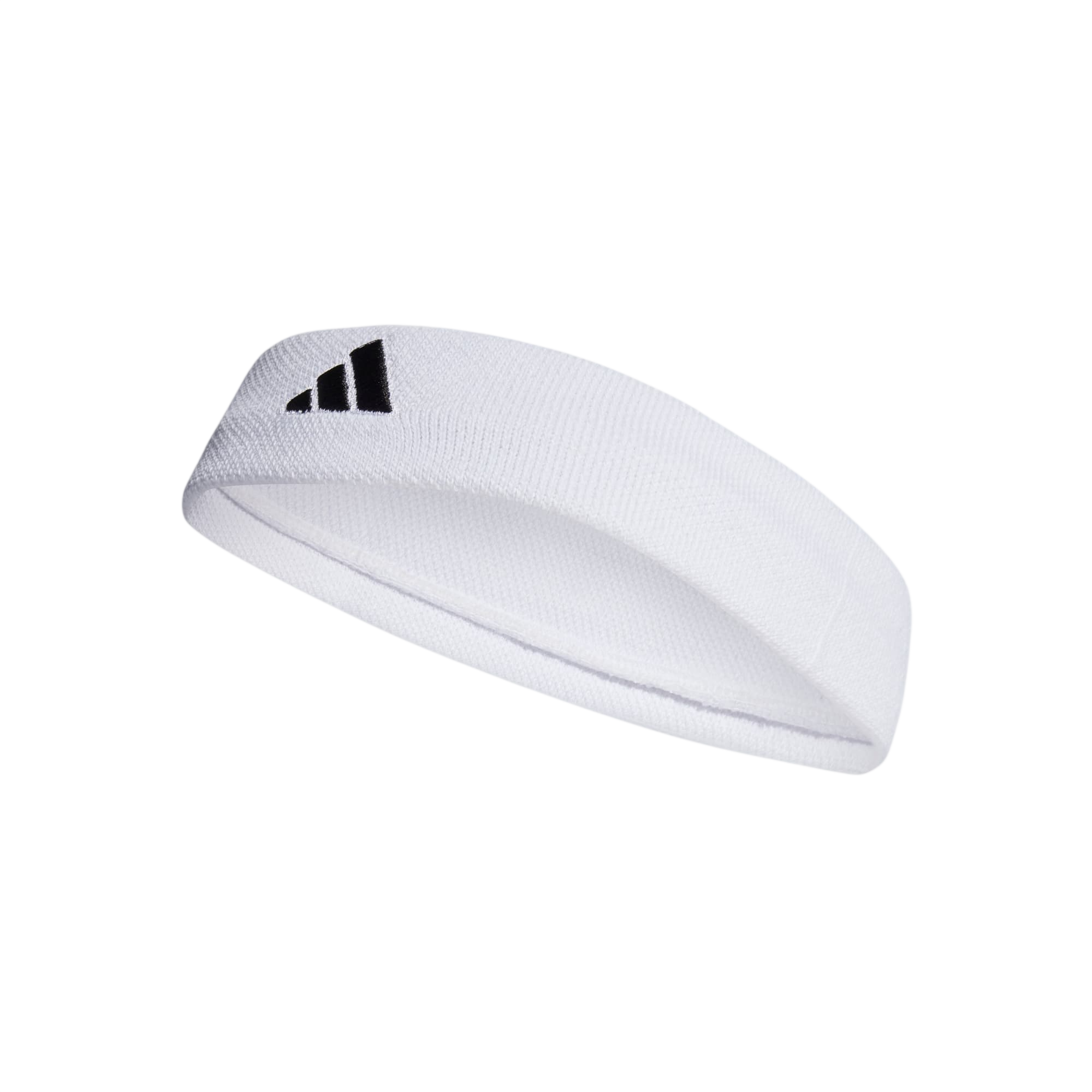 White headband with black logo on a light gray background