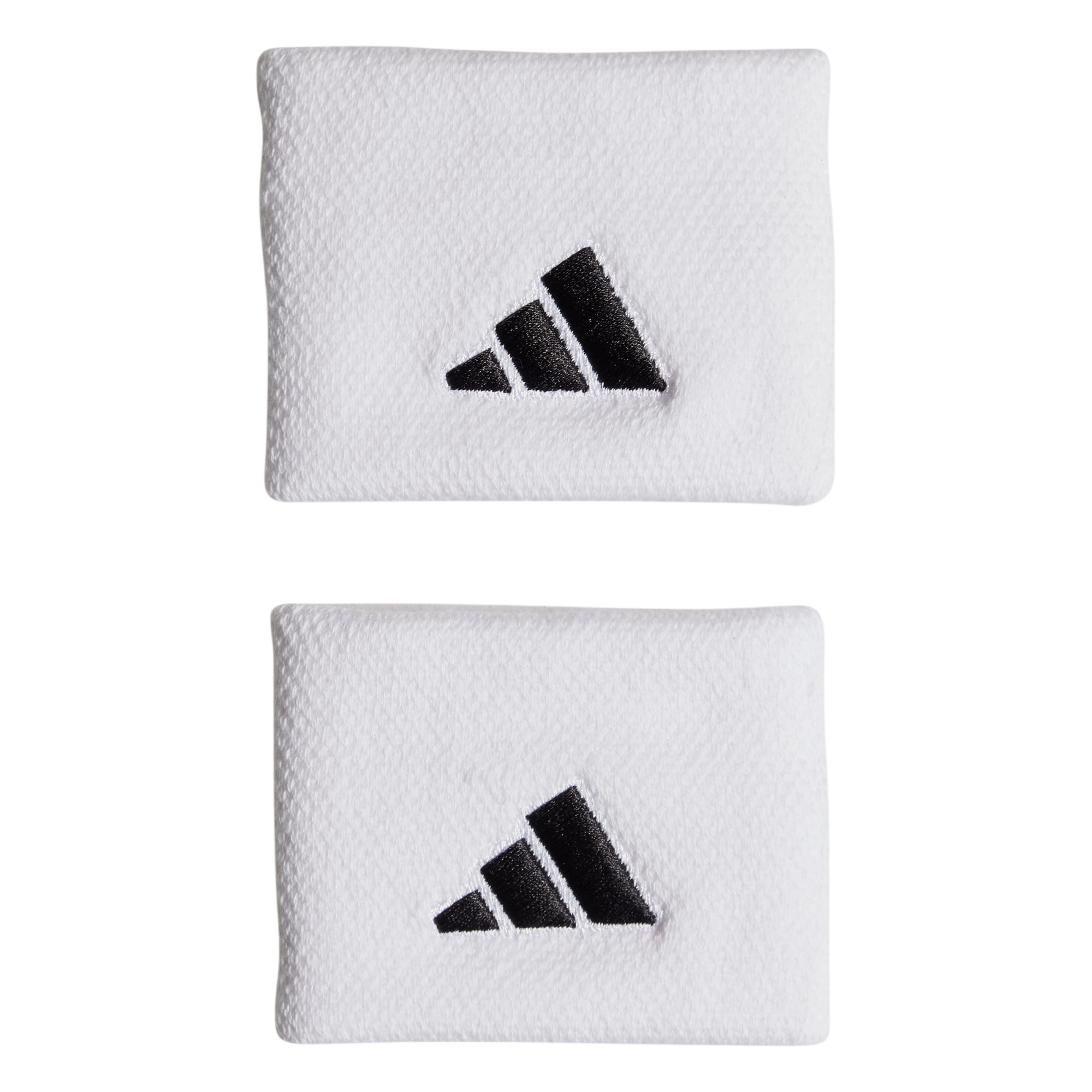 Two white wristbands with black Adidas logos on a light gray background