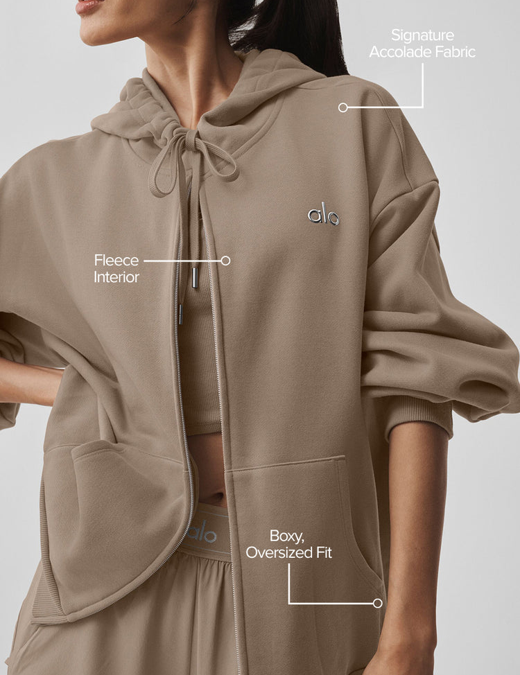 Model wearing Alo Yoga Accolade Full Zip Hoodie in cacao