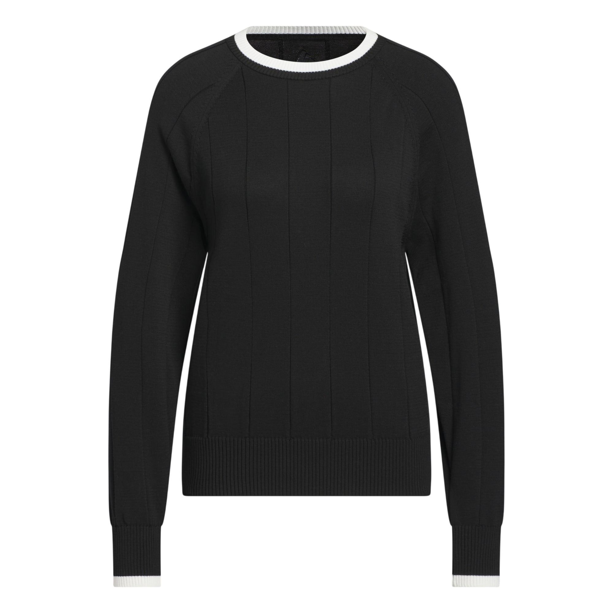 adidas Ultimate365+ Knit Crew Sweater in black laid flat on a plain background.