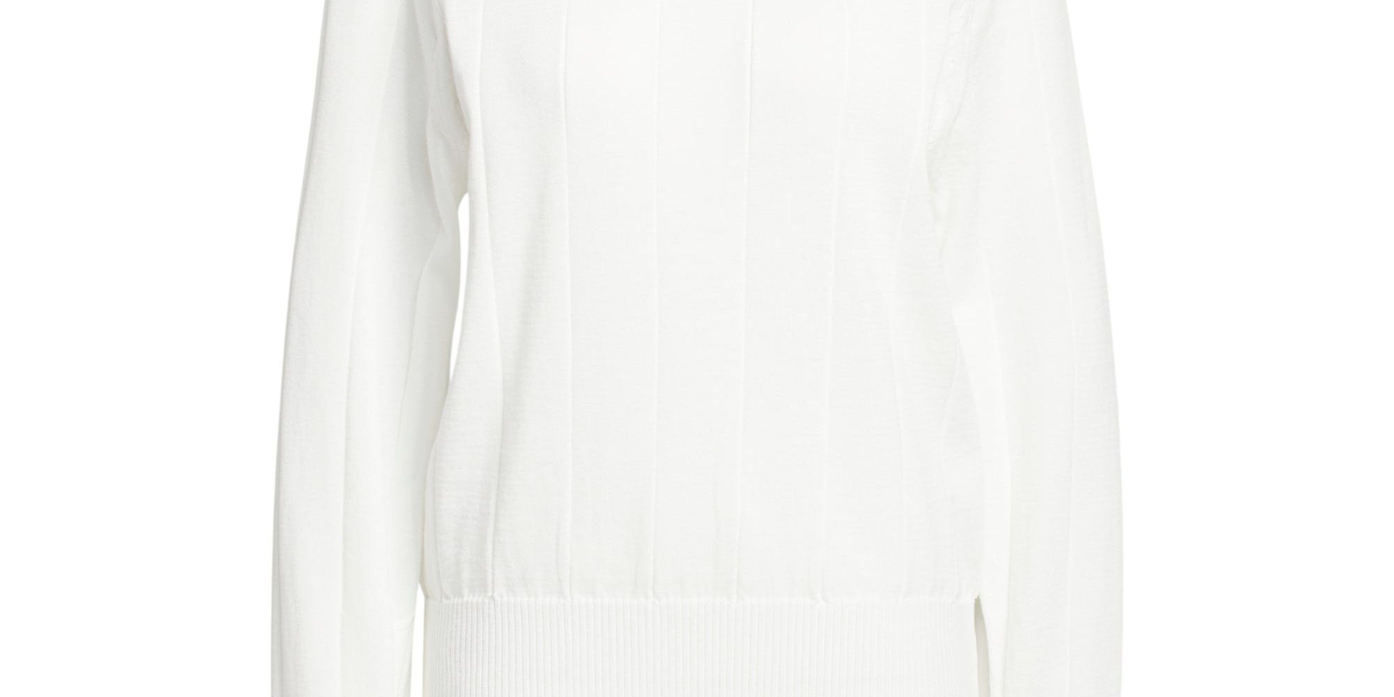 adidas Ultimate365+ Knit Crew Sweater in white laid flat on a plain background.