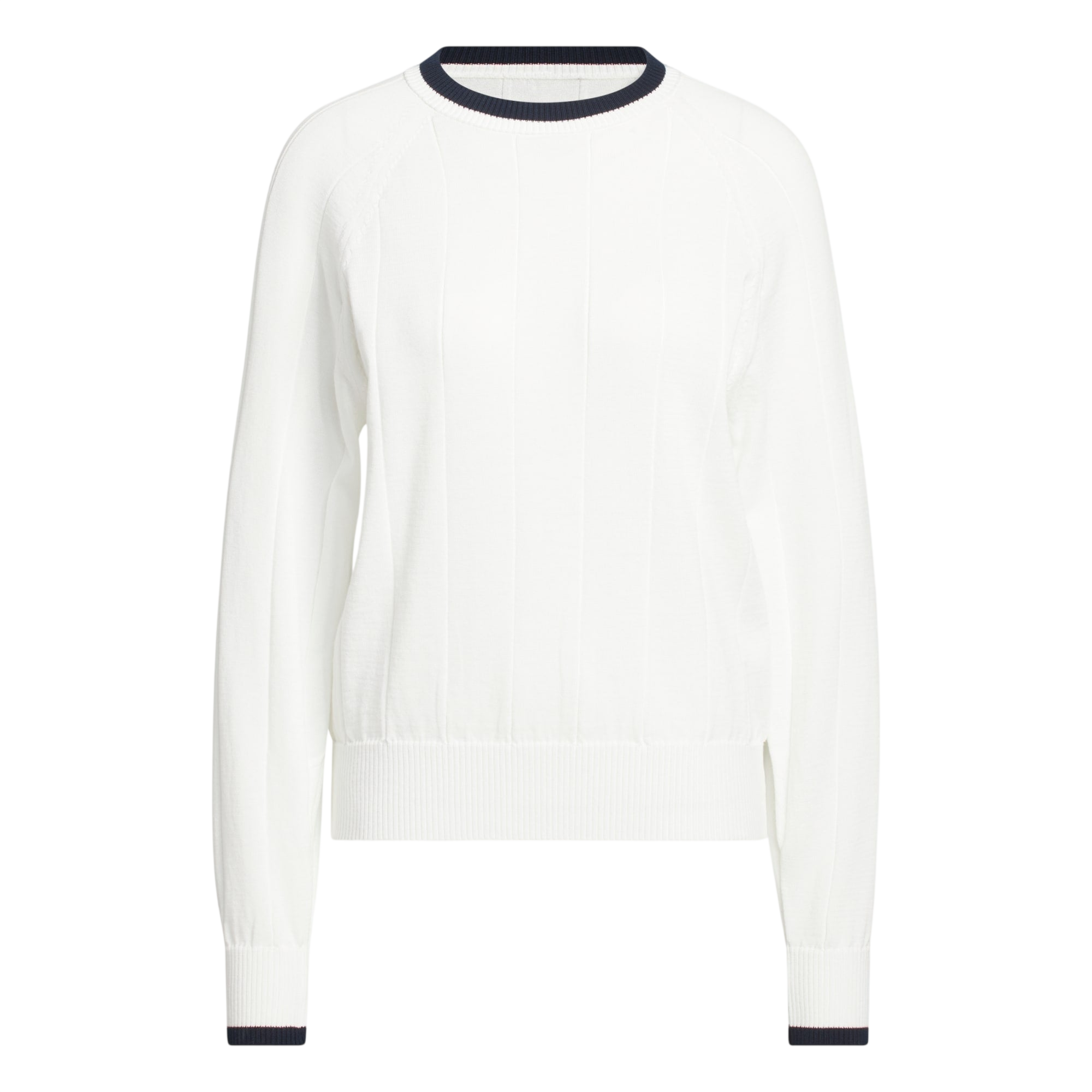 adidas Ultimate365+ Knit Crew Sweater in white laid flat on a plain background.