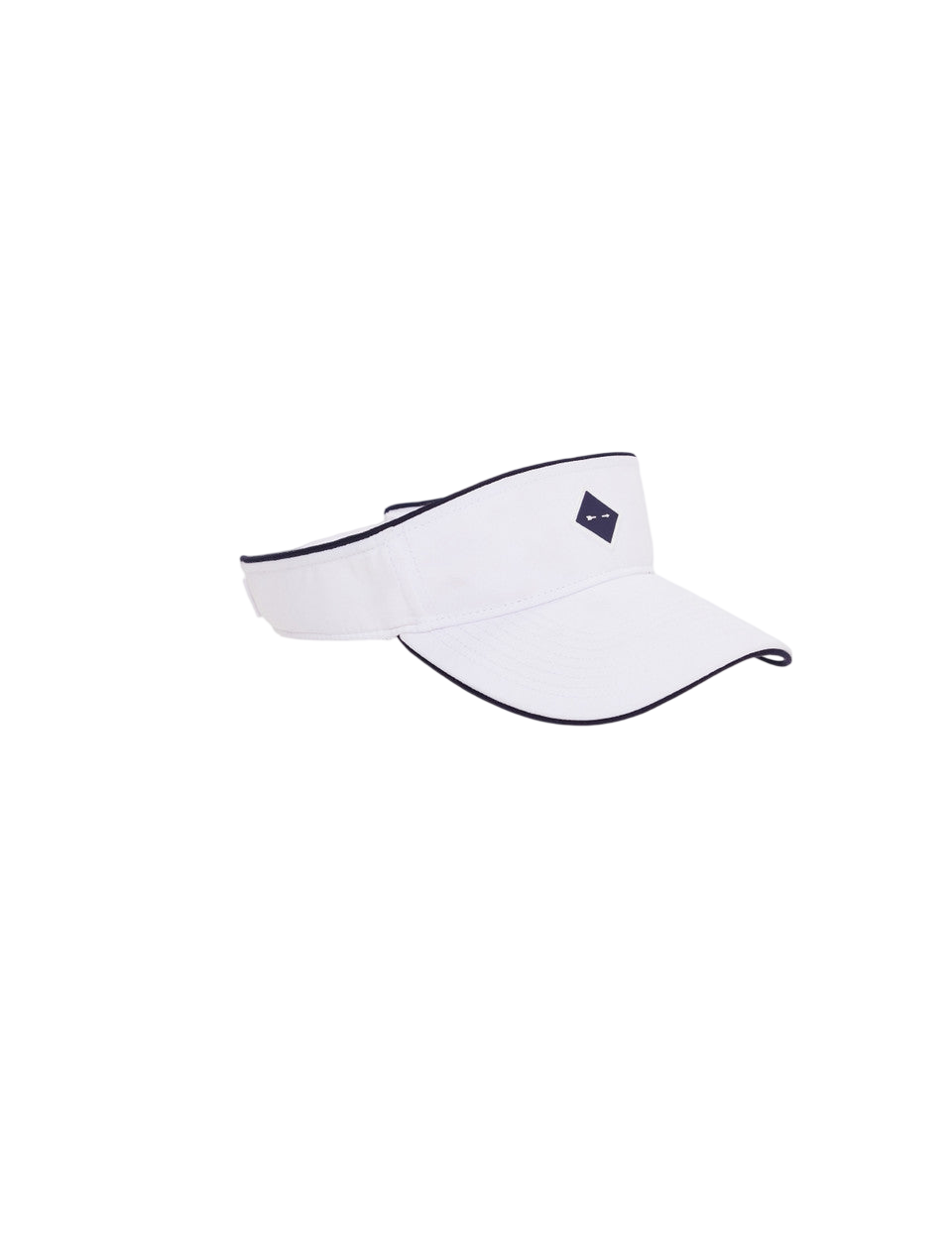 White visor with black strap on a white background