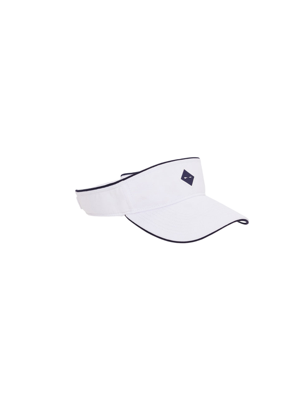 White visor with black strap on a white background