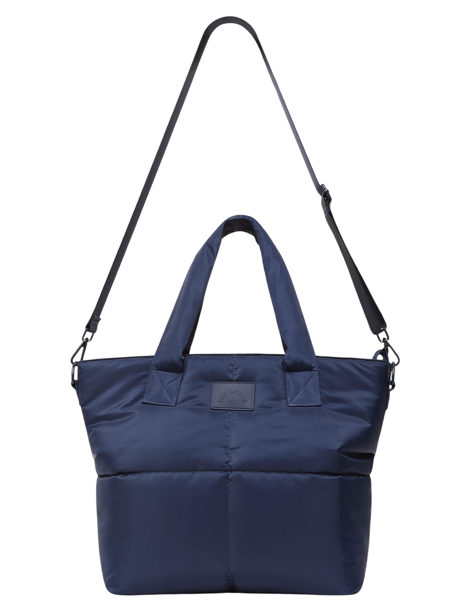 Navy blue tote bag with a shoulder strap on a white background