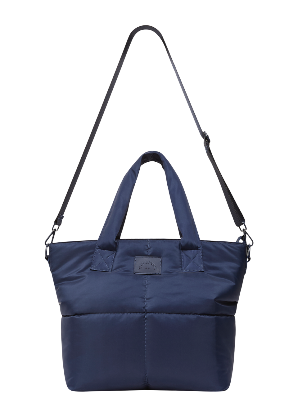 Navy blue tote bag with a shoulder strap on a white background