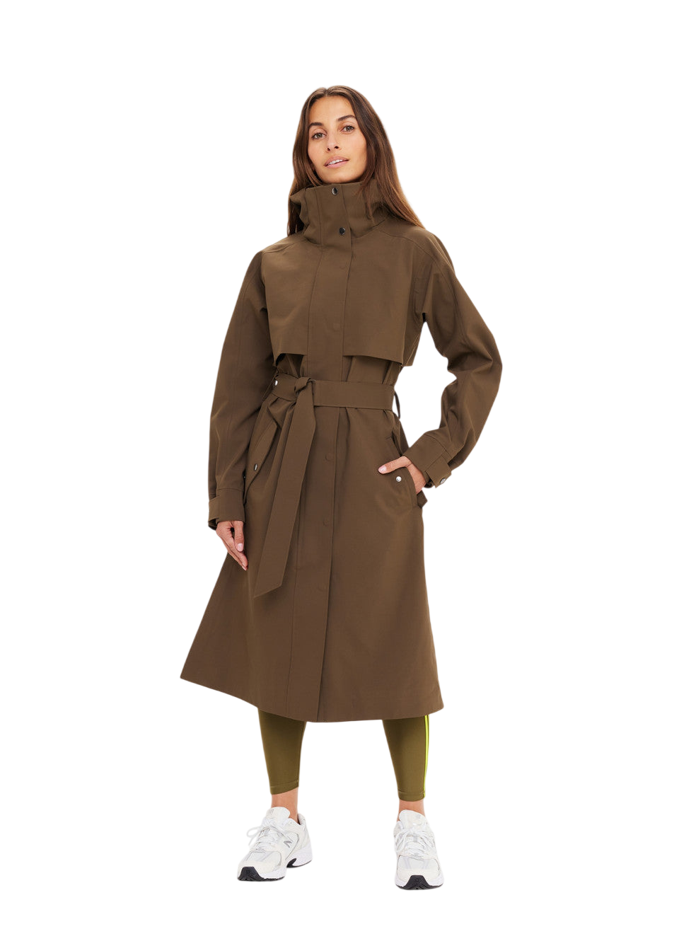 Woman wearing a brown coat on a white background